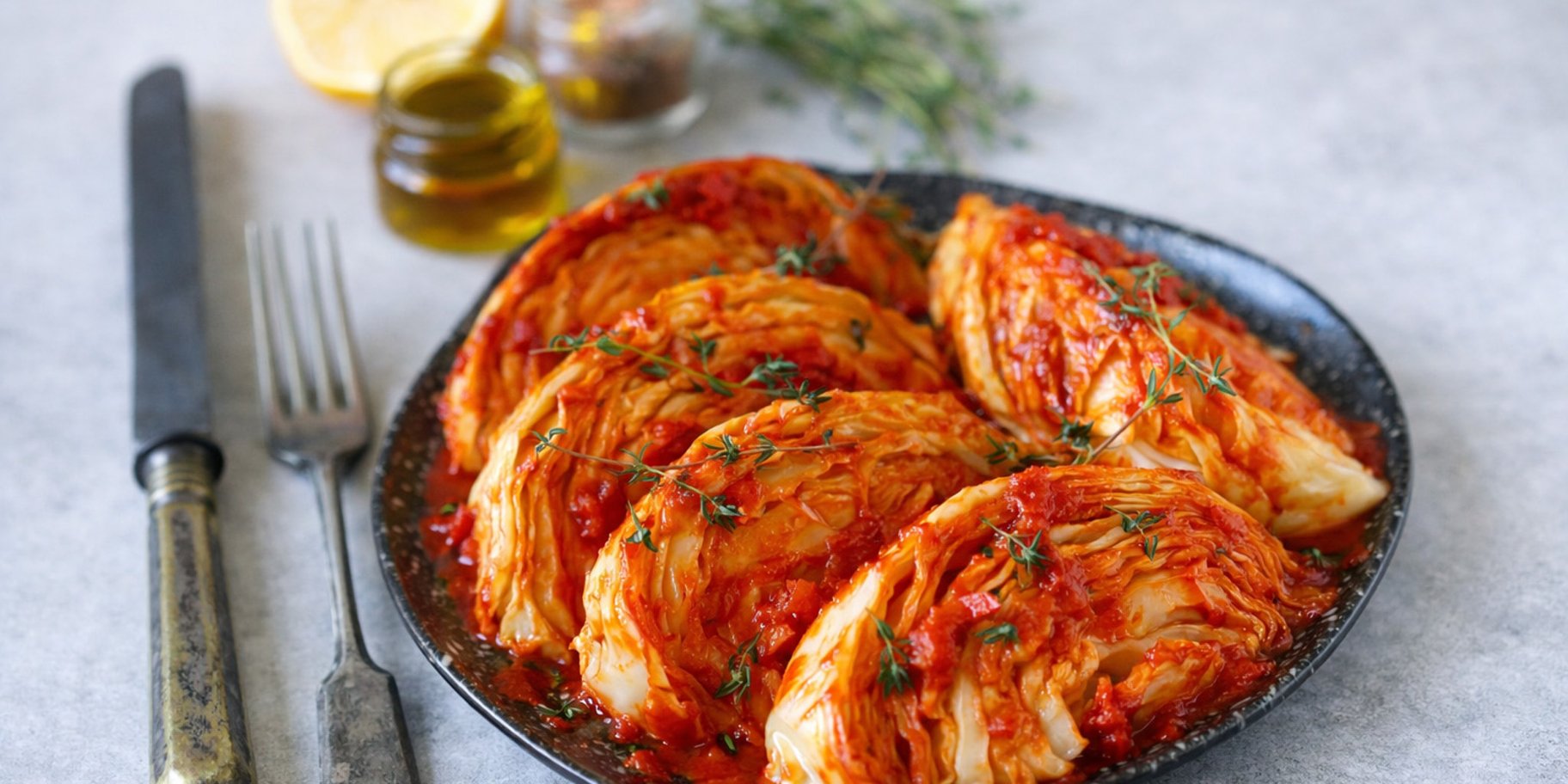 Запеченная капуста в тарелке на фоне деревянного стола.