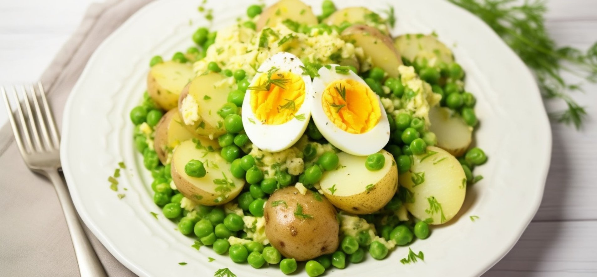 Зеленый салат из молодого картофеля, горошка и яиц.