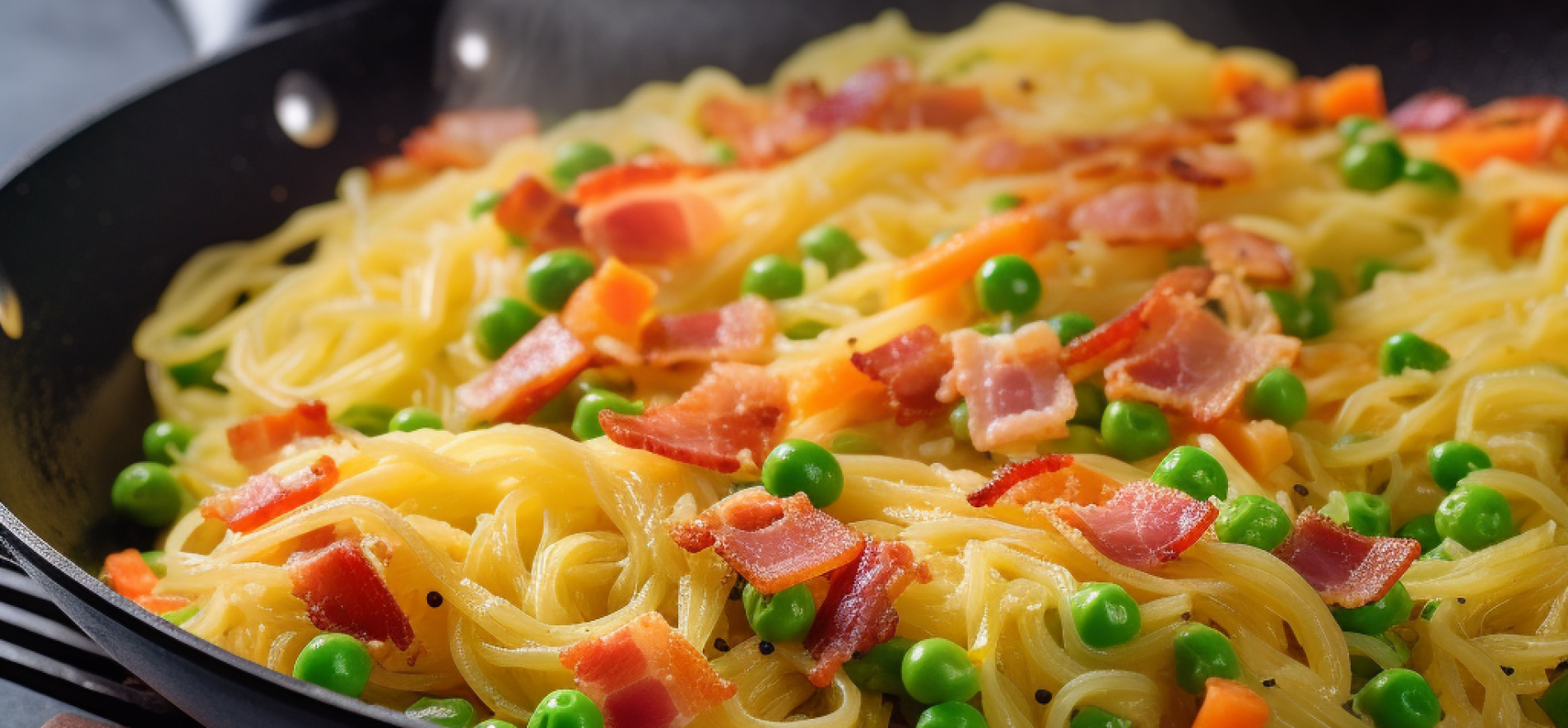 Омлет-спагетти с ветчиной и горошком — интересное блюдо