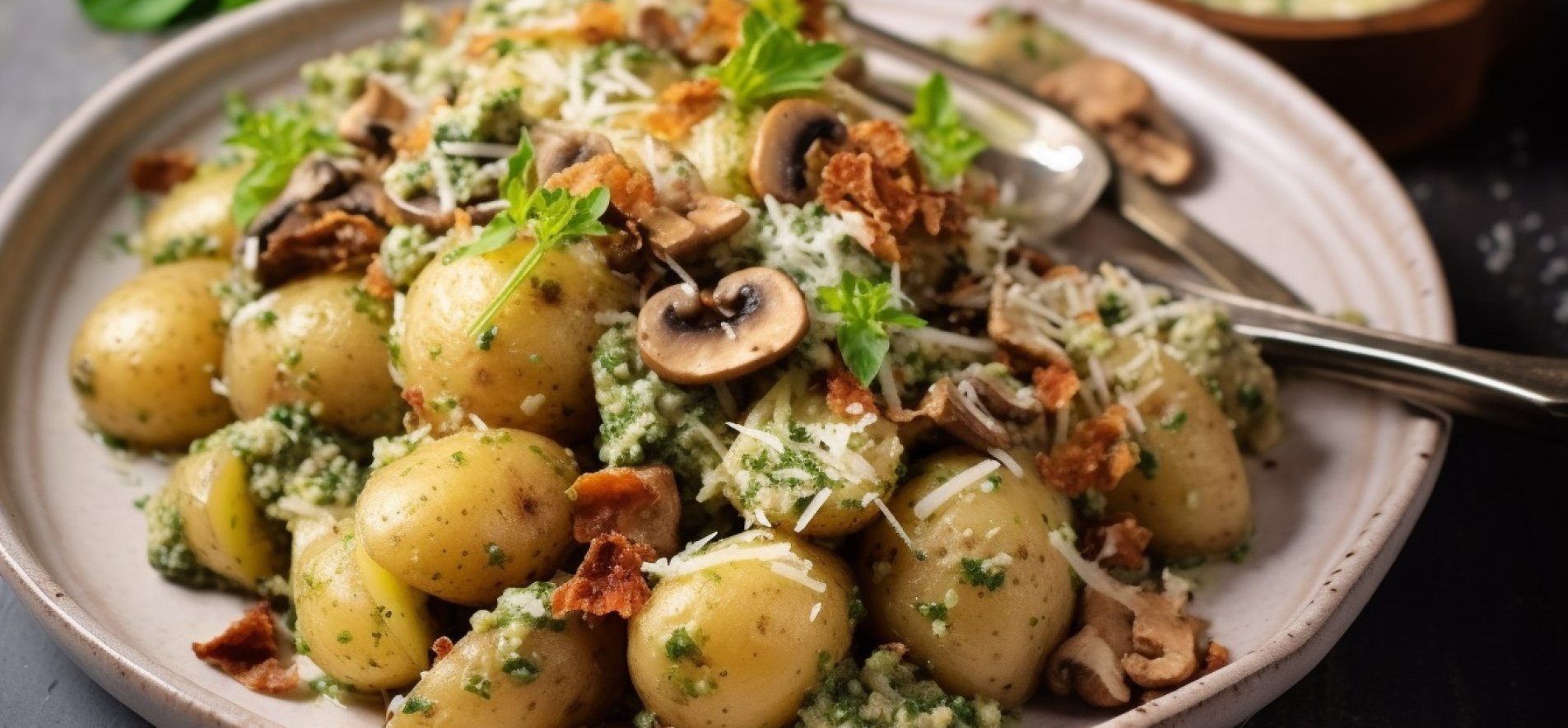 Салат з молодою картоплею, грибами та песто