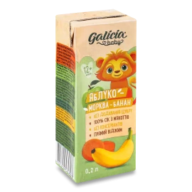 Сік Galicia Baby яблуко, морква і банан з м'якоттю, 0,2 л
