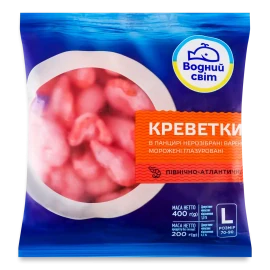 Креветки Водний світ в панцирі глазуровані варено-морожені 70/90, 400г