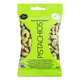 Фісташки Wonderful Pistachios смажені солоні очищені, 60г