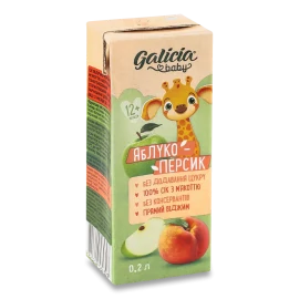 Сік Galicia Baby яблуко-персик з м'якоттю, 0,2 л