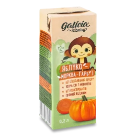 Сік Galicia Baby яблуко-морква-гарбуз з м'якоттю, 0,2 л