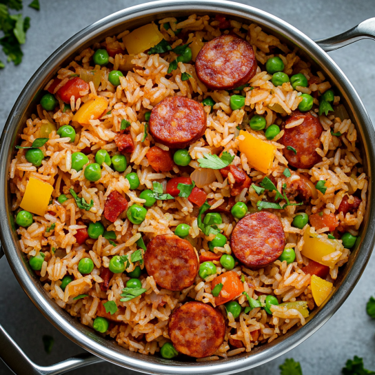 Рис із сосисками та овочами