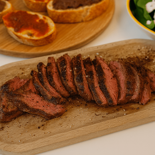 Стейк з салатом зі страчетели та брускетами Стейк з салатом зі страчетели та брускетами