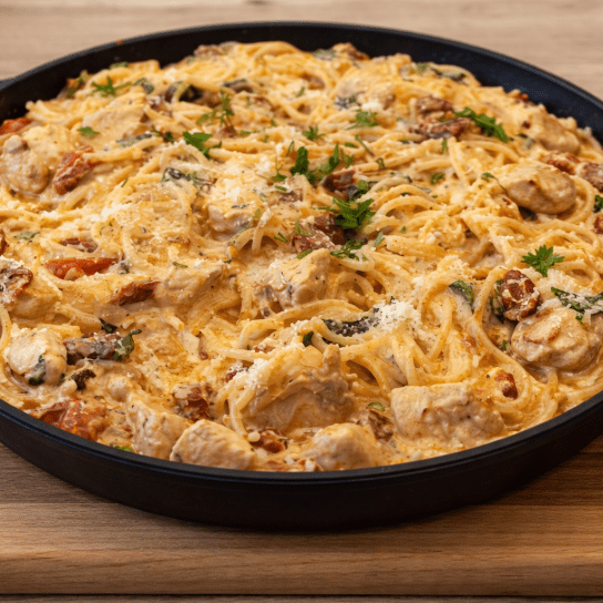 Спагеті з куркою і в’яленими томатами