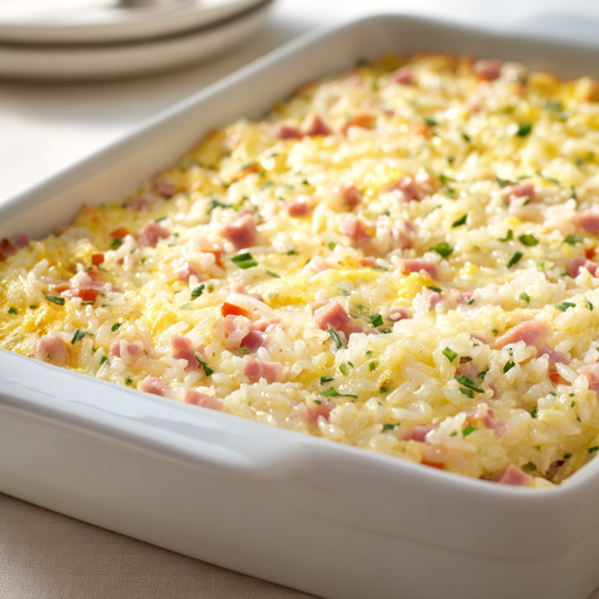 Пиріг без тіста з рисом і шинкою