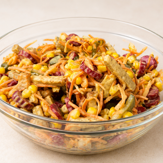 Салат з ковбасками і кукурудзою