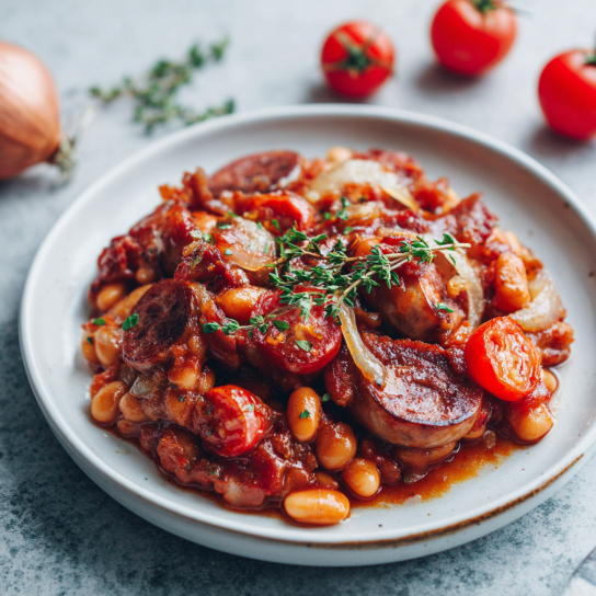 Квасоля з ковбасками й беконом