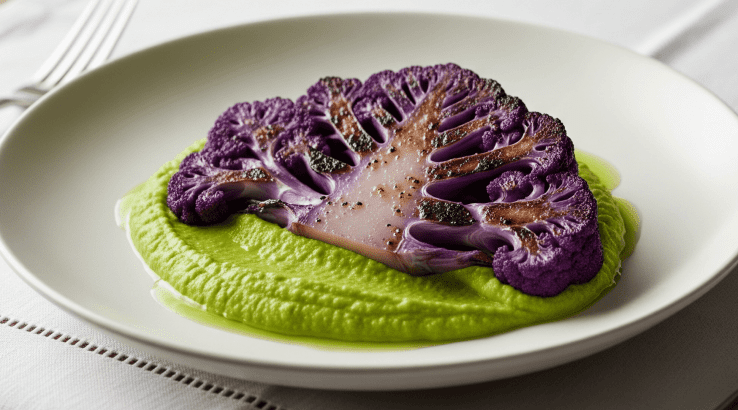 Стейк з цвітної капусти з гороховим пюре