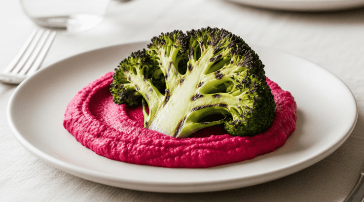 Буряковий хумус зі стейком з броколі